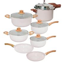 Jogo de Panelas e Panela de Pressão de Indução Antiaderente Cerâmica Bege Cairo 7 peças - Hauskraft Premium e Vista Home