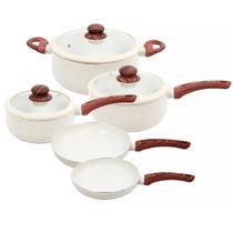 Jogo De Panelas Frigideira Revestimento Cerâmico Alumínio Antiaderente Tampa Vidro 5 Peças Utilidades Domesticas Creme