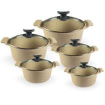 Jogo De Panelas Fundida Antiaderente Usinada 5 Peças Bege Marmorizado Tampa De Vidro Alça de Alumínio