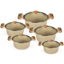 Jogo De Panelas Fundida Antiaderente Usinada 5 Peças Bege Marmorizado Tampa De Vidro Alça de Madeira