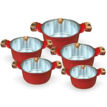 Jogo De Panelas Fundidas Usinadas 5 Peças Varias Cores Tampa De Vidro Cor:Vermelho