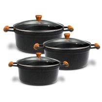 Jogo De Panelas Grandes Antiaderente Cava 24 28 e 32cm Cava Alumínio Fundido Alça Madeira Preto Pigmento Branco