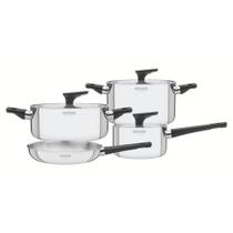 Jogo De Panelas Grano Baquelite Em Aço Inox Com Corpo Triplo E Cabos E Alças Em Baquelite Jogo De Panelas Grano Baquelite Em Aço Inox Com Corpo Triplo E Cabos E Alças Em Baquelite