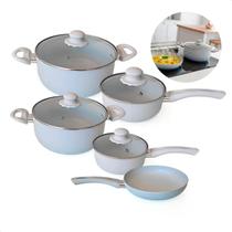 Jogo De Panelas Indução Antiaderente Cerâmica 5 Peças Cinza Tampa De Vidro