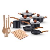 Jogo de Panelas Indução Antiaderente, Fundo Triplo, Revestimento Cerâmico, Alumínio Ecoglide e Tampas de Vidro