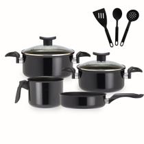 Jogo De Panelas Indução E Gás Antiaderente Tampa Vidro 7 Pçs Preto Jogo De Panelas Indução E Gás Antiaderente Tampa Vidro 7 Pçs Preto