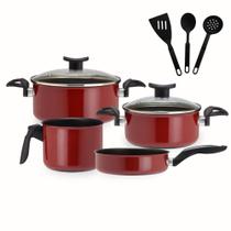 Jogo De Panelas Indução E Gás Antiaderente Tampa Vidro 7 Pçs Vermelho