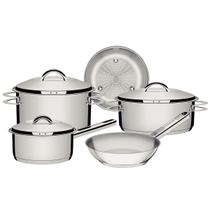 Jogo de Panelas Indução Tramontina Solar em Aço Inox com Fundo Triplo e Tampas de Inox 5 Peças Jogo de Panelas Indução Tramontina Solar em Aço Inox com Fundo Triplo e Tampas de Inox 5 Peças