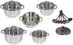Jogo de Panelas Inox Genebra 19 Peças com Tampas de Vidro Jogo de Panelas Inox Genebra 19 Peças com Tampas de Vidro