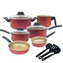 Jogo de Panelas Kit 9 Pçs Antiaderente Tampa Vidro Teflon Cor:Cereja Com Creme