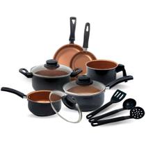Jogo de Panelas Kit 9 Pçs Antiaderente Tampa Vidro Teflon Cor:Preto com Cobre