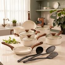 Jogo de Panelas Mimo Style Crema Cook 10 Peças Antiaderente Cerâmica com Indução Alumínio Tampas de Vidro e Utensílios