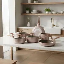 Jogo de Panelas Mimo Style Sartin Cook 5 Peças Alumínio Antiaderente Cerâmica Soft Touch com Tampas de Vidro Champanhe