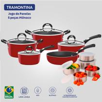 Jogo De Panelas Mônaco Tramontina Vermelho 5 Peças E Conjunto De Tigelas Inox Com Tampa