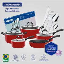 Jogo De Panelas Mônaco Tramontina Vermelho 5 Peças E Faqueiro Buzios 24 Peças