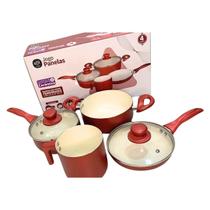 Jogo de Panelas para cozinha Kit com 4 peças Vermelho Tampas de Vidro Com Saída Vapor Revestimento Cerâmico Premium