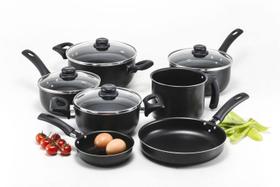 Jogo de panelas premium antiaderente 7 pecas preto com tampa de vidro Jogo de panelas premium antiaderente 7 pecas preto com tampa de vidro