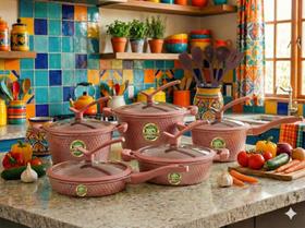 Jogo de Panelas Premium Cerâmica Anti Aderente Rosê Compatível Com Designer Moncoc Arezzo Frita Sem Óleo Jogo de Panelas Premium Cerâmica Anti Aderente Rosê Compatível Com Designer Moncoc Arezzo Frita Sem Óleo