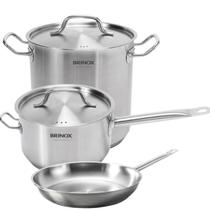 Jogo de Panelas Profissionais Inox Fundo Triplo Brinox 3 Peças 24cm Frigideira Caldeirão Caçarola Jogo de Panelas Profissionais Inox Fundo Triplo Brinox 3 Peças 24cm Frigideira Caldeirão Caçarola