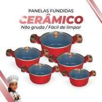 Jogo de Panelas Revestimento Cerâmico Antiaderente Cinza Interna Fundida 5 Peças Tampa de Vidro Vermelha Jogo de Panelas Revestimento Cerâmico Antiaderente Cinza Interna Fundida 5 Peças Tampa de Vidro Vermelha