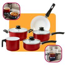 Jogo De Panelas Roma 5 Peças De Cerâmica Hauskraft Luxo Vermelha Com Tampa De Vidro