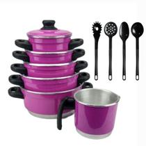 Jogo De Panelas Rosa Aluminio 6 Peças + 4 Talheres