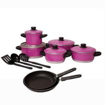 Jogo De Panelas Rosa + Frigideira Antiaderente + Espátulas