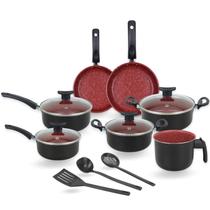 Jogo de Panelas Super 10 Peças Preto com Vermelho Antiaderente com Tampa de Vidro Teflon - Dona Chefa