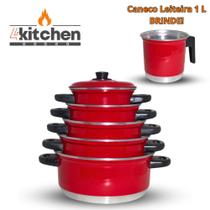 Jogo de Panelas Tampa Aluminio Vermelho 5 Pç + Brinde Caneco