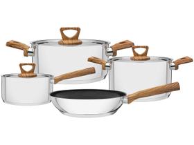 Jogo de Panelas Tramontina 4 Peças Brava Antiaderente Aço Inox Fundo Triplo Cabos e Alças Acabamento Amadeirado 65300310