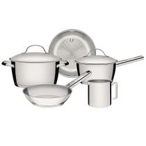 Jogo de Panelas Tramontina Allegra em Aço Inox com Fundo Triplo de indução 5 Peças Jogo de Panelas Tramontina Allegra em Aço Inox com Fundo Triplo de indução 5 Peças