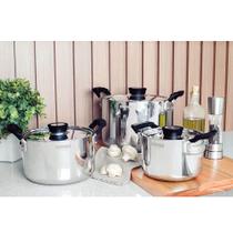 Jogo de Panelas Tramontina Grano Compact Aço Inox com Corpo Triplo e Alças com Revest. Silicone Preto 3 peças 65240200 Jogo de Panelas Tramontina Grano Compact Aço Inox com Corpo Triplo e Alças com Revest. Silicone Preto 3 peças 65240200