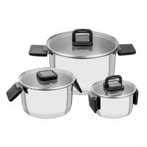 Jogo de Panelas Tramontina Lótus Em Aço Inox Com Fundo Triplo e Alças Dobráveis 3 Pçs 65570000 Jogo de Panelas Tramontina Lótus Em Aço Inox Com Fundo Triplo e Alças Dobráveis 3 Pçs 65570000