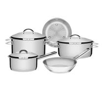 Jogo de Panelas Tramontina Solar em Aço Inox com Fundo Triplo e Tampas de Inox 5 Peças Jogo de Panelas Tramontina Solar em Aço Inox com Fundo Triplo e Tampas de Inox 5 Peças