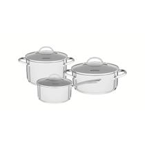 Jogo de Panelas Tramontina Una Aço Inox Fundo Triplo Tampas de Vidro 3 Peças Jogo de Panelas Tramontina Una Aço Inox Fundo Triplo Tampas de Vidro 3 Peças