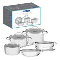 Jogo de Panelas Tramontina Una em Aço Inox com Fundo Triplo e Tampas de Vidro 5 Peças 65280010