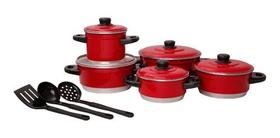 Jogo De Panelas Vermelho 5 Peças + Talheres