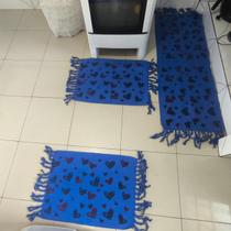 Jogo de Passadeira de Coração Cor Azul Kit Tapete de Cozinha Estampado com Nozinho 03 Peças Algodão