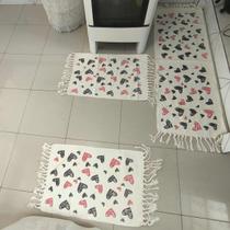 Jogo de Passadeira Kit Tapete de Cozinha Estampado com Nozinho 03 Peças de Algodão Coração Colorido