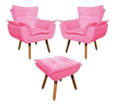Jogo De Poltronas Decorativas Com Puff Opala Suede Rosa