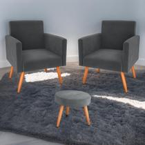 Jogo de Poltronas e Puff Austin Veludo Cinza