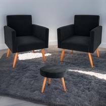 Jogo de Poltronas e Puff Austin Veludo Inca Preto