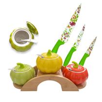 Jogo de Porta Condimento de Porcelana Abóbora 3 Peças Base Madeira c/ Colher Tempero Sal Açúcar e Jogo de Facas Verde Floridas Afiadas Decorativas