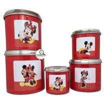 Jogo de Porta Mantimentos em Alumínio 5 Peças Vermelho Mickey e Minnie Decorado