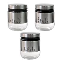 Jogo de porta tempero 3 pçs de inox e vidro 300 ml