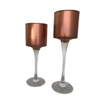 Jogo de Porta Velas Taça Rose Gold Vidro Com 2 Peças 20/23cm Jogo de Porta Velas Taça Rose Gold Vidro Com 2 Peças 20/23cm