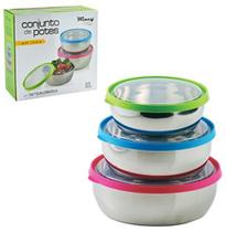Jogo De Pote De Inox Com 3 Pecas Com Tampa Plastica Colors (12/14/16cm) 7142707 - wincy