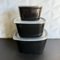 Jogo de pote de plástico preto quadrado com 3 peças grande médio pequeno para alimentos geladeira Jogo de pote de plástico preto quadrado com 3 peças grande médio pequeno para alimentos geladeira