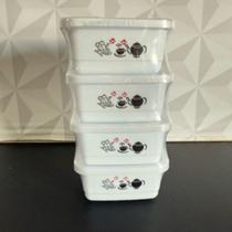 Jogo de pote de plástico quadrado decorado com 4 peças para alimentos geladeira pequeno branco Jogo de pote de plástico quadrado decorado com 4 peças para alimentos geladeira pequeno branco