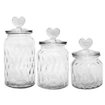 Jogo de pote de vidro coração transparente com 3 peças grande médio pequeno de mantimentos